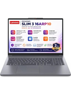 Lenovo Ideapad Slim 3 16ARP10 Amd Ryzen 7 170 16GB 512GB SSD 16" Wuxga (1920X1200) IPS Panel Freedos Taşınabilir Bilgisayar 83K80085TR