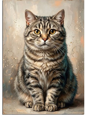 Tablomega Oturan Tekir Kedi Portresi Gerçekçi Dekoratif Kanvas - Mdf Ahşap Tablo