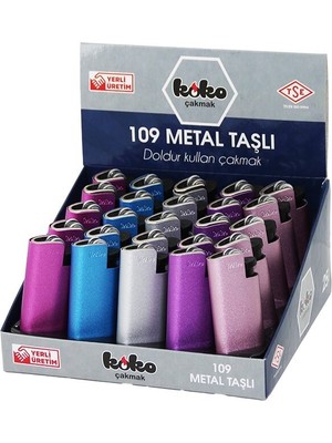 KOKO-109 Taşlı Metal Cep Çakmak BRKT-601429 Parlak Renkli Doldur Kullan - 25'li Paket