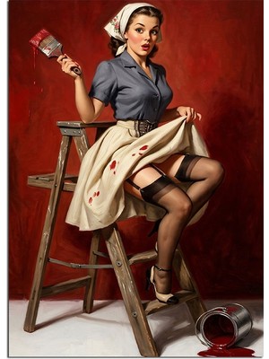 Tablomega Taburede Oturan Pin-Up Boyacı Kadın Dekoratif Kanvas - Mdf Ahşap Tablo