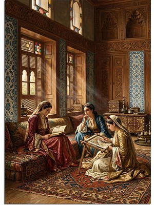 Tablomega Osmanlı Evinde Kitap Okuyan Kadınlar Dekoratif Kanvas - Mdf Ahşap Tablo
