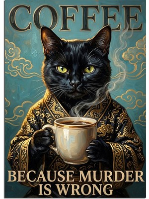Tablomega Coffee Because Murder Is Wrong Kara Kedi Dekoratif Kanvas - Mdf Ahşap Tablo