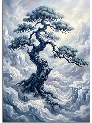 Tablomega Bulutlarda Kıvrımlı Bonsai Ağacı Dekoratif Kanvas - Mdf Ahşap Tablo