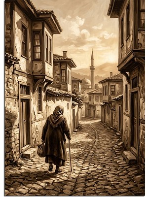 Tablomega Taş Sokakta Yürüyen Yaşlı Adam Dekoratif Kanvas - Mdf Ahşap Tablo