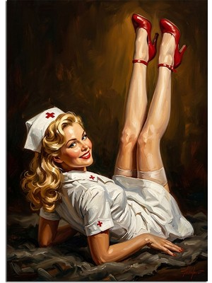 Tablomega Kırmızı Topuklu Hemşire Pin-Up Dekoratif Kanvas - Mdf Ahşap Tablo