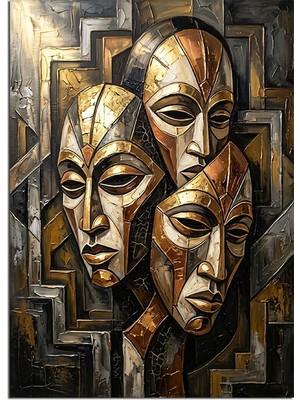 Tablomega Afrika Masklı Geometrik Duvar Deseni Dekoratif Kanvas - Mdf Ahşap Tablo