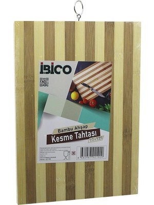tp Buğz 22 x 32 x 1.4cm Beyaz Çizgili Ahşap Bambu Kesim Panosu - Kesme Tahtası Metal Kulplu BX40
