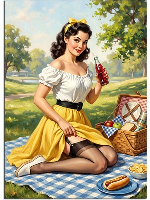 Tablomega Piknikte Kola Içen Pin-Up Kadın Dekoratif Kanvas - Mdf Ahşap Tablo