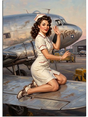 Karizma Tablo Uçak Kanadında Hemşire Pinup Kız Dekoratif Kanvas - Mdf Ahşap Tablo