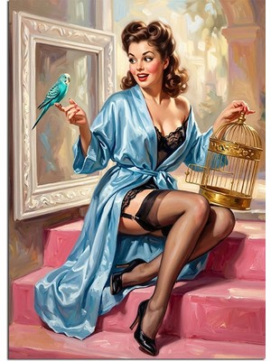 Tablomega Kafesli Mavi Kuşlu Pin-Up Kadın Dekoratif Kanvas - Mdf Ahşap Tablo