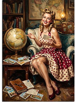 Tablomega Küre ve Mektuplu Pin-Up Kadın Dekoratif Kanvas - Mdf Ahşap Tablo