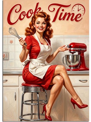 Tablomega Cook Time Retro Mutfak Kızı Dekoratif Kanvas - Mdf Ahşap Tablo