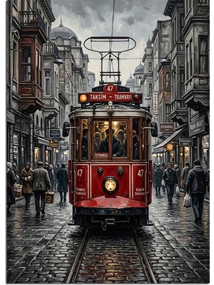 Tablomega Istiklal Caddesi Kırmızı Nostaljik Tramvay Dekoratif Kanvas - Mdf Ahşap Tablo
