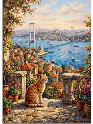 Tablomega Boğaz Manzaralı Balkonda Kedi ve Çiçekler Dekoratif Kanvas - Mdf Ahşap Tablo