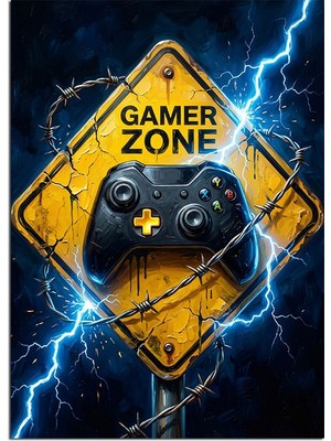 Tablomega Gamer Zone Sarı Uyarı Tabelası Dekoratif Kanvas - Mdf Ahşap Tablo