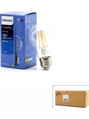 Philips Phılıps CODE-380035 00 Corepro Lamba 7W 60W 2700K 806 Lumen E27 A60 Cam Gövde LED Filament - 10'li Paket
