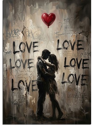 Tablomega Duvar Yazılı Love ve Sarılan Çift Dekoratif Kanvas - Mdf Ahşap Tablo