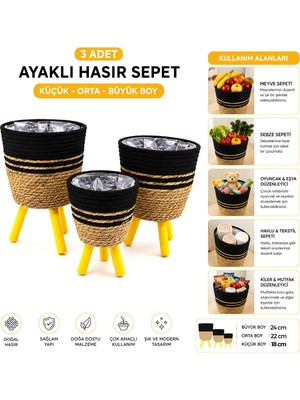 Alvetro Alv-01 Ayaklı Hasır ve Ahşap Sepet 18-22-24CM 3 Adet Mix Desen - 6'li Paket
