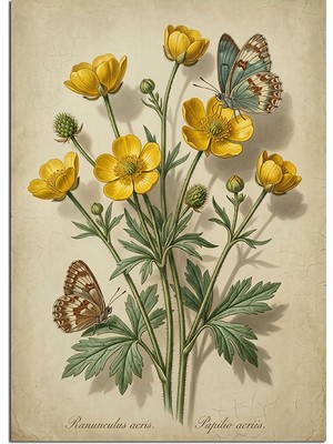Tablomega Sarı Kır Çiçeği Botanik Illüstrasyon Dekoratif Kanvas - Mdf Ahşap Tablo