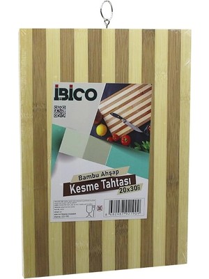 tp Buğz 20 x 30 x 1.4cm  Beyaz Çizgili Ahşap Bambu Kesim Panosu - Kesme Tahtası Metal Kulplu BX40