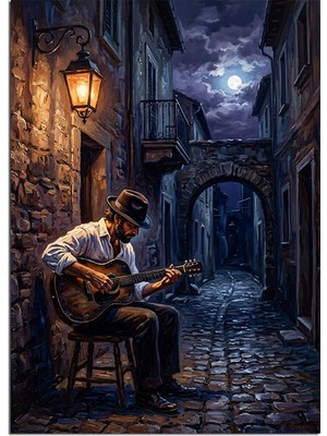 Tablomega Taş Sokakta Gitar Çalan Müzisyen Dekoratif Kanvas - Mdf Ahşap Tablo