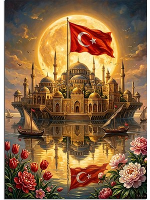 Tablomega Dolunayda Türk Bayraklı Istanbul Silüeti Dekoratif Kanvas - Mdf Ahşap Tablo