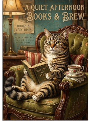 Tablomega Kitap Okuyan Kedi ve Kahve Dekoratif Kanvas - Mdf Ahşap Tablo