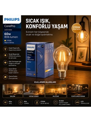 PHILIPS-346772 00 Corepro G93 Lamba 7W 60W 2700K 806 Lumen E27 Cam Gövde LED Filament Rustik Ampul - 6'li Paket