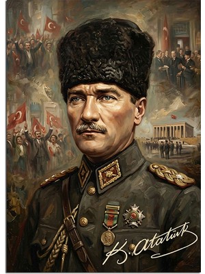 Tablomega Kalpaklı Atatürk Askeri Üniformalı Portre Dekoratif Kanvas - Mdf Ahşap Tablo
