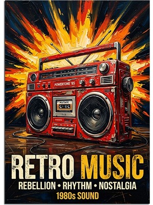 Tablomega Retro Music Kırmızı Boombox Poster Dekoratif Kanvas - Mdf Ahşap Tablo