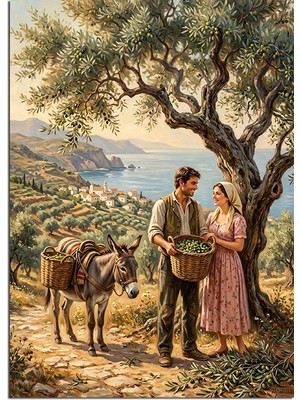Tablomega Zeytin Ağacı Altında Sohbet Eden Çift Dekoratif Kanvas - Mdf Ahşap Tablo