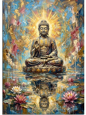 Tablomega Lotus Üzerinde Buda Heykeli Dekoratif Kanvas - Mdf Ahşap Tablo