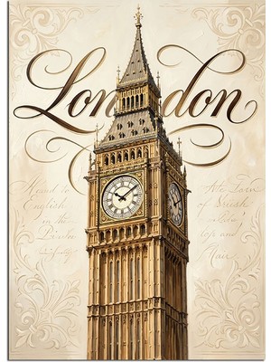 Tablomega London Yazılı Big Ben Kulesi Dekoratif Kanvas - Mdf Ahşap Tablo