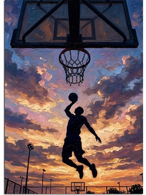 Tablomega Gün Batımında Smaç Vuran Basketbolcu Dekoratif Kanvas - Mdf Ahşap Tablo