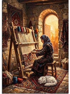 Tablomega Halı Dokuyan Kadın ve Kedi Dekoratif Kanvas - Mdf Ahşap Tablo