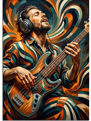 Tablomega Kulaklıklı Bas Gitar Çalan Adam Dekoratif Kanvas - Mdf Ahşap Tablo