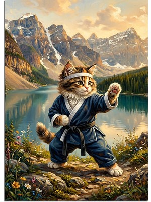 Tablomega Karate Yapan Kedi Dağ Gölü Dekoratif Kanvas - Mdf Ahşap Tablo