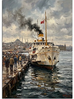 Tablomega Iskeleye Yanaşan Beyaz Vapur Dekoratif Kanvas - Mdf Ahşap Tablo