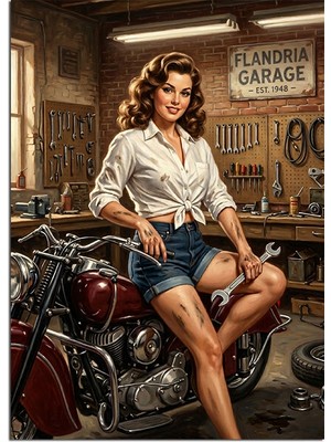 Tablomega Motosiklette Oturan Retro Kadın Dekoratif Kanvas - Mdf Ahşap Tablo