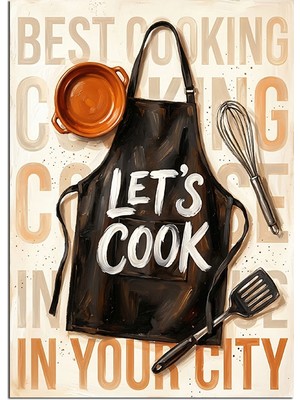 Tablomega Let's Cook Siyah Önlük ve Mutfak Yazısı Dekoratif Kanvas - Mdf Ahşap Tablo