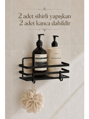 Okyanus Home Sihirli Yapışkan Siyah Lamalı Plastik Banyo Rafı 11X24 cm Dikdörtgen Tasarım Özelliği
