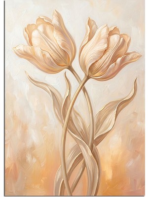 Tablomega Bej Fonda Pastel Lale Çiçekleri Dekoratif Kanvas - Mdf Ahşap Tablo