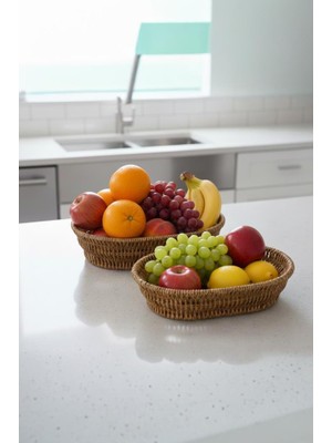 Atbyhome 2'li Rattan Görünümlü Plastik Örme Hasır Ekmek ve Sunum Sepeti Seti Büyük ve Küçük Boy