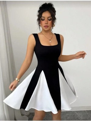 Mareandpanda Kadın Kare Yaka Çift Renk Çan Etek Detay Mini Elbise