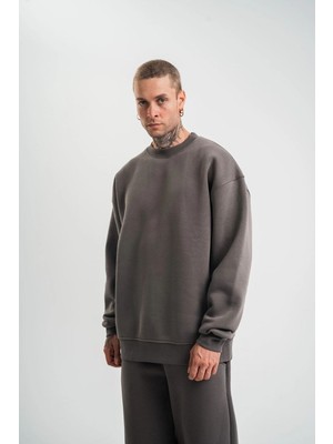 Velmora Fashion Erkek Uzun Kol Bisiklet Yaka 3 Iplik Pamuklu Kışlık Sweatshirt  - Füme