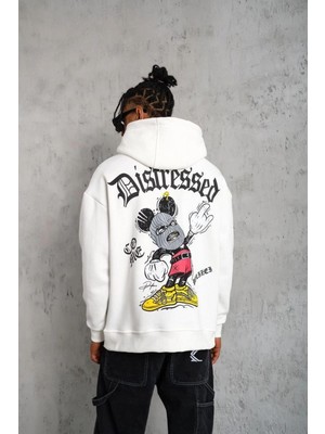 Velmora Fashion Erkek 3 Iplik Pamuklu Kapüşonlu Baskılı Cepli Oversize Sweatshirt Hoodie - Beyaz