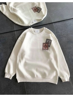 Velmora Fashion Kadın Bisiklet Yaka Kilim Halı Baskılı 3 Iplik Pamuklu Sweatshirt - Beyaz