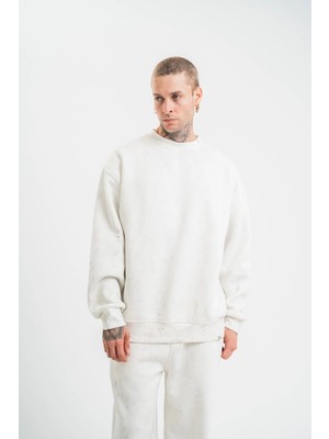 Velmora Fashion Erkek 3 Iplik Pamuklu Bisiklet Yaka Yıkamalı Sweatshirt - Beyaz
