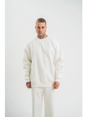 Velmora Fashion Erkek Uzun Kol Bisiklet Yaka 3 Iplik Pamuklu Kışlık Sweatshirt  - Beyaz