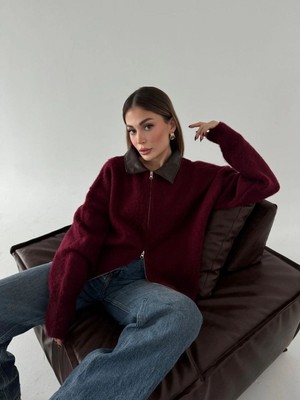 Velmora Fashion Kadın Deri Yakalı Pamuk Dokulu Çift Taraflı Çalışan Fermuar Ceket - Bordo